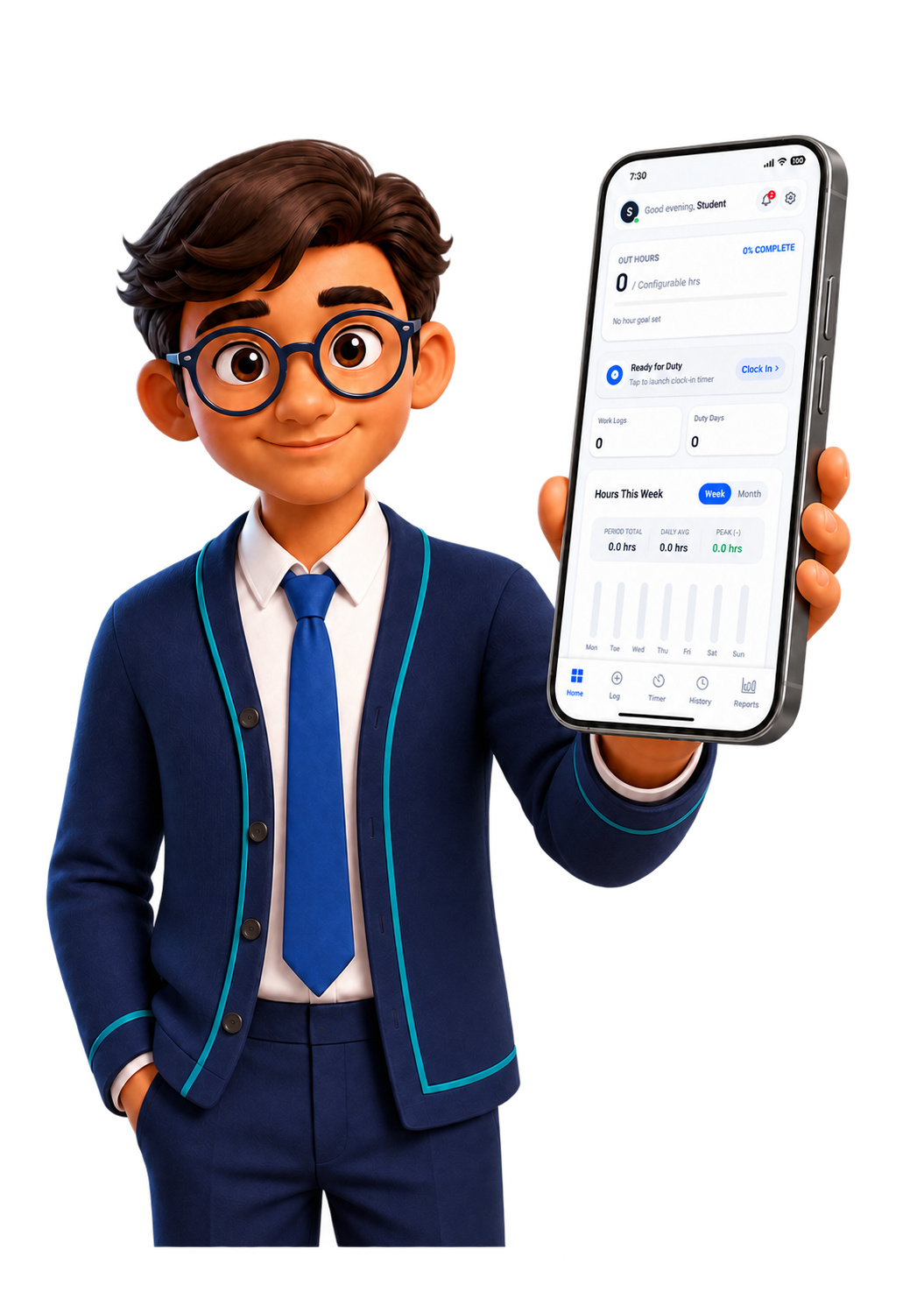 Rin, the Interna guide, holding a phone that displays the Interna OJT dashboard